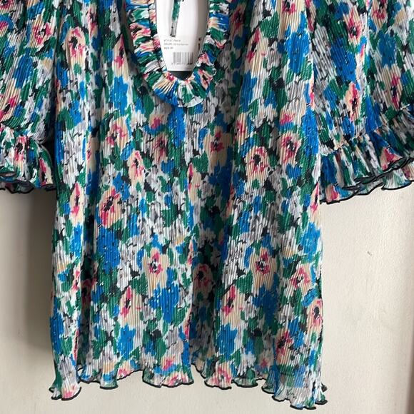 Ganni Pleated Georgette Ruffle V-Neck Blouse in Floral Azure Blue - Picture 10 of 16